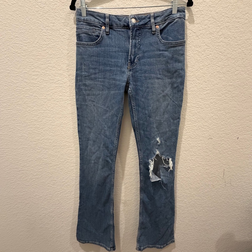 Free People We The Free Distressed Flare Jeans Medium Wash Blue Size 27 Blowout